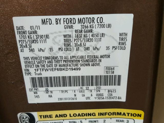 1FTFW1EF6BKD19499 - 2011 FORD F150 SUPER BROWN photo 10