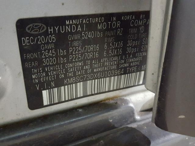 KM8SC73DX6U103964 - 2006 HYUNDAI SANTA FE G GRAY photo 10