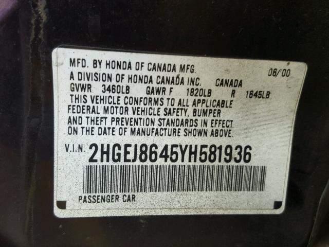 2HGEJ8645YH581936 - 2000 HONDA CIVIC EX შავი ფოტო 10