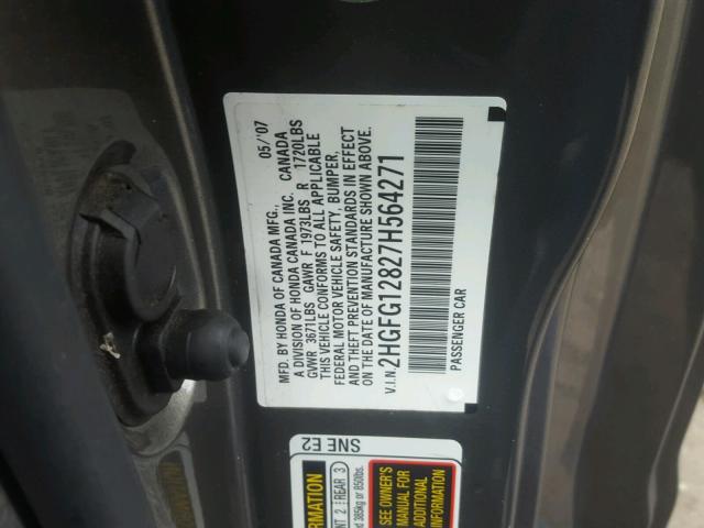 2HGFG12827H564271 - 2007 HONDA CIVIC EX ნაცრისფერი ფოტო 10