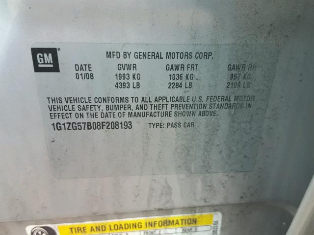 1G1ZG57B08F208193 - 2008 CHEVROLET MALIBU LS ვერცხლისფერი ფოტო 10