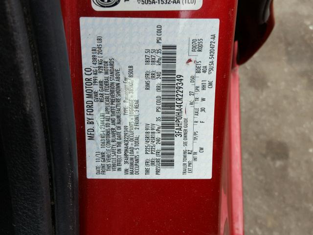 3FAHP0HA4CR229349 - 2012 FORD FUSION SE RED photo 10