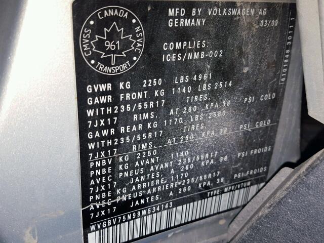 WVGBV75N99W534143 - 2009 VOLKSWAGEN TIGUAN SE SILVER photo 10