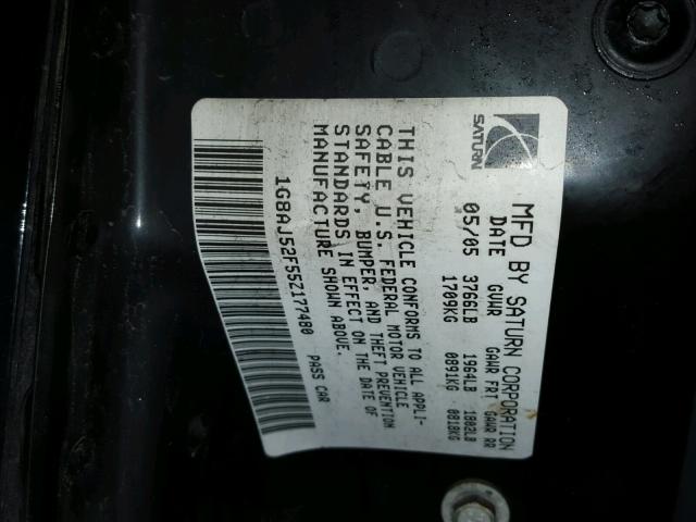 1G8AJ52F55Z177480 - 2005 SATURN ION LEVEL BLACK photo 10