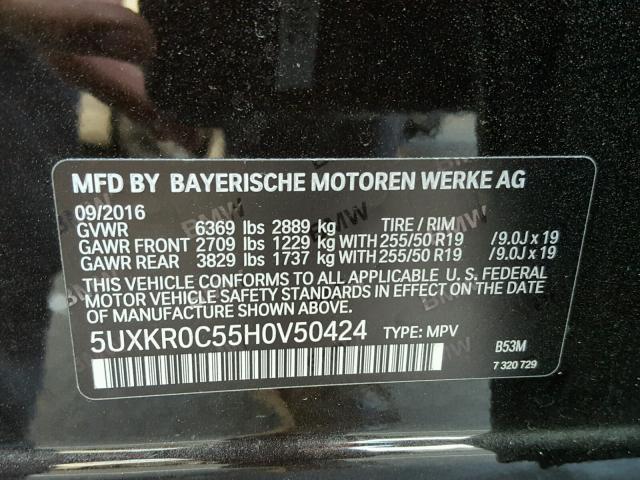 5UXKR0C55H0V50424 - 2017 BMW X5 XDRIVE3 BROWN photo 10