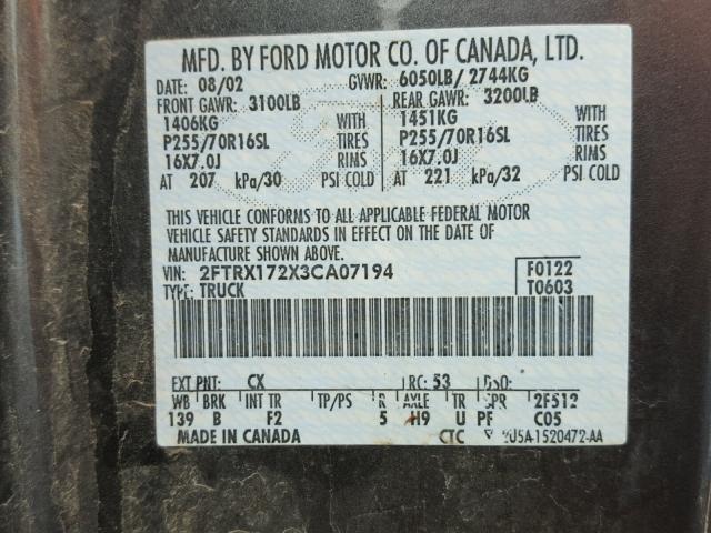 2FTRX172X3CA07194 - 2003 FORD F150 GRAY photo 10