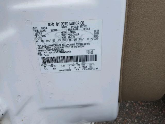 1FTRF14V76NB26367 - 2006 FORD F150 WHITE photo 10