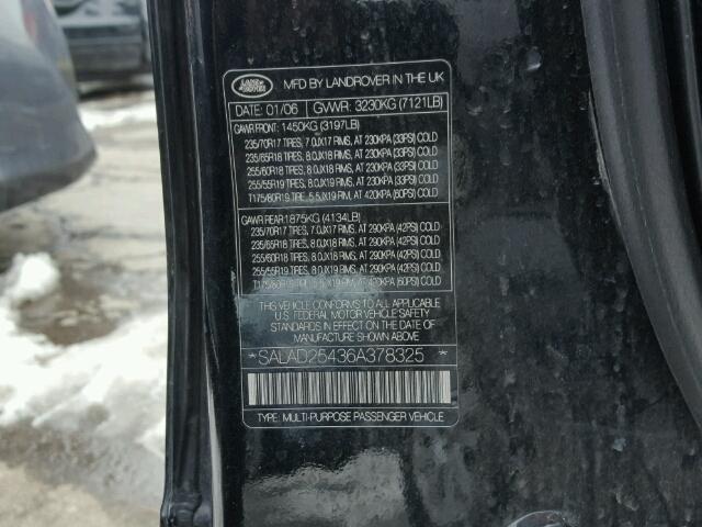 SALAD25436A378325 - 2006 LAND ROVER LR3 SE BLACK photo 10