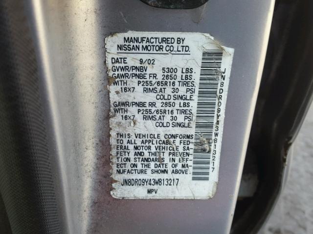 JN8DR09Y43W813217 - 2003 NISSAN PATHFINDER GRAY photo 10