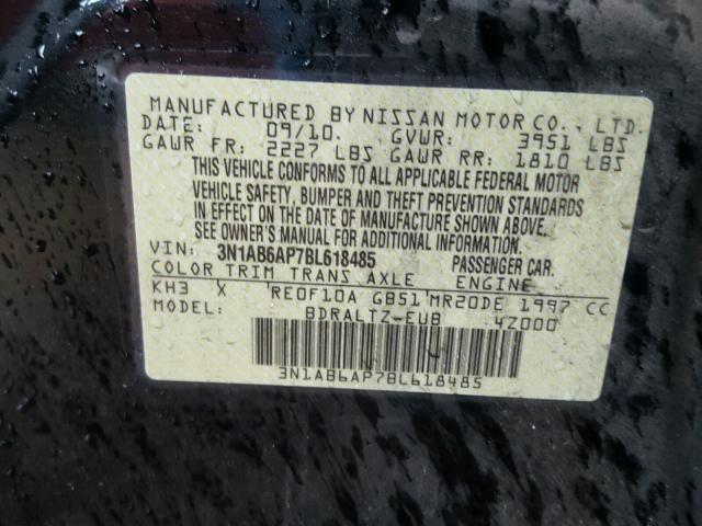 3N1AB6AP7BL618485 - 2011 NISSAN SENTRA 2.0 BLACK photo 10