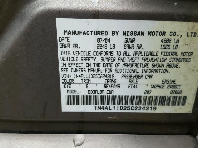 1N4AL11D25C224319 - 2005 NISSAN ALTIMA S CHARCOAL photo 10