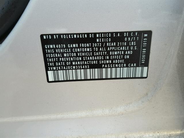 3VW2K7AJXCM335493 - 2012 VOLKSWAGEN JETTA BASE 银色 照片 10