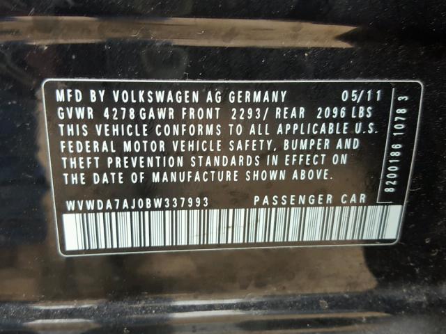 WVWDA7AJ0BW337993 - 2011 VOLKSWAGEN GOLF 黑色 照片 10