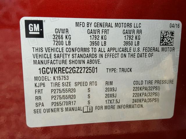 1GCVKREC2GZ272501 - 2016 CHEVROLET SILVERADO BURGUNDY photo 10