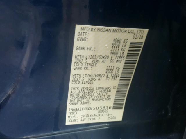 1N6BA1F4XGN503616 - 2016 NISSAN TITAN XD S BLUE photo 10