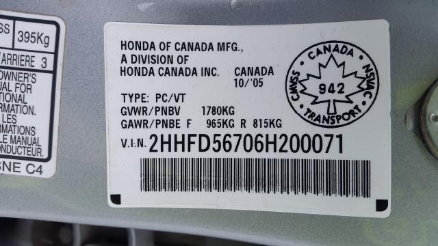 2HHFD56706H200071 - 2006 ACURA CSX PREMIU SILVER photo 9