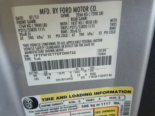 1FTFW1ET7DFD00722 - 2013 FORD F150 SUPER SILVER photo 10