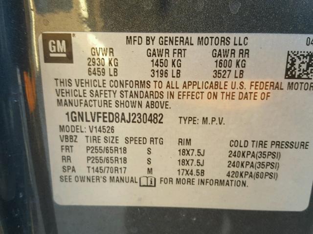 1GNLVFED8AJ230482 - 2010 CHEVROLET TRAVERSE L CHARCOAL photo 10