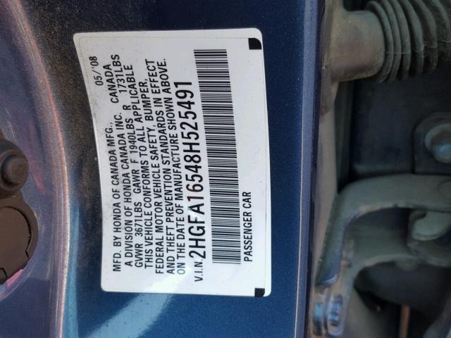 2HGFA16548H525491 - 2008 HONDA CIVIC LX BLUE photo 10