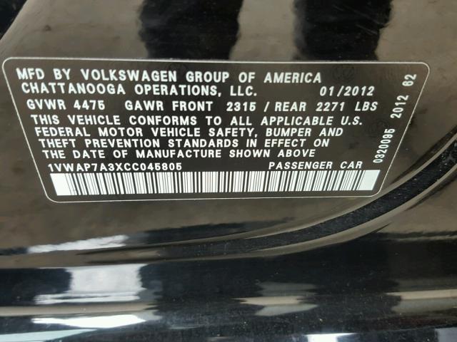 1VWAP7A3XCC045805 - 2012 VOLKSWAGEN PASSAT S BLACK photo 10