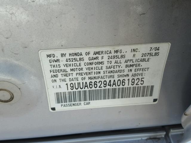 19UUA66294A061925 - 2004 ACURA TL SILVER photo 10