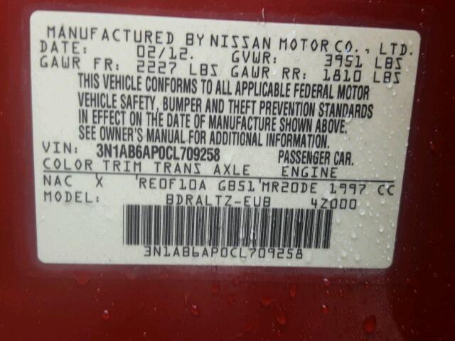 3N1AB6AP0CL709258 - 2012 NISSAN SENTRA 2.0 RED photo 10