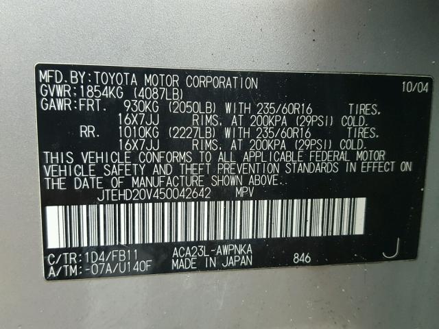 JTEHD20V450042642 - 2005 TOYOTA RAV4 SILVER photo 10