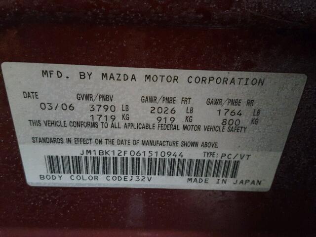 JM1BK12F061510944 - 2006 MAZDA 3 I RED photo 10