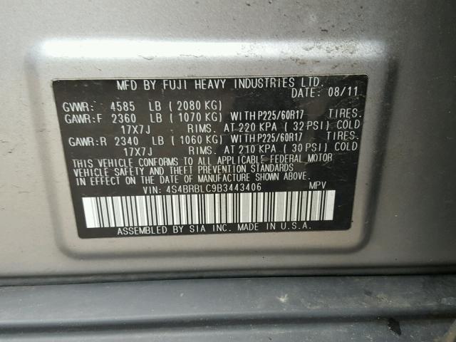 4S4BRBLC9B3443406 - 2011 SUBARU OUTBACK 2. SILVER photo 10