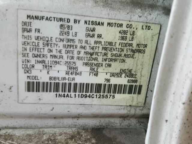 1N4AL11D94C125575 - 2004 NISSAN ALTIMA BAS WHITE photo 10