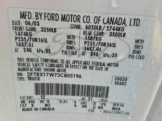 2FTRX17W73CB05196 - 2003 FORD F150 WHITE photo 10