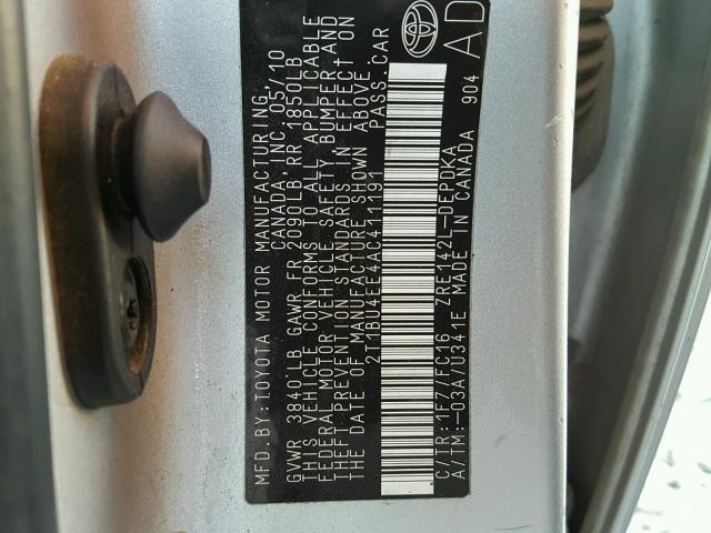 2T1BU4EE4AC411191 - 2010 TOYOTA COROLLA BA SILVER photo 10