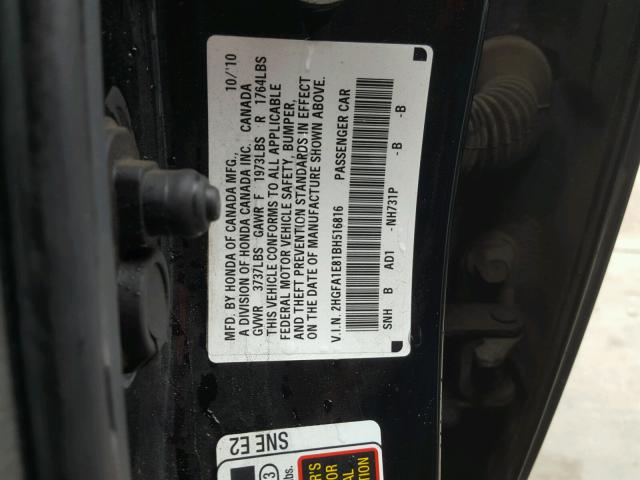 2HGFA1E81BH516816 - 2011 HONDA CIVIC EX შავი ფოტო 10