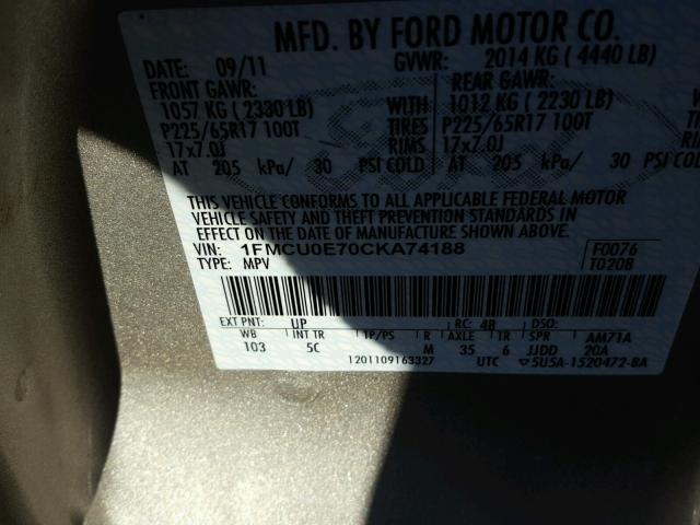 1FMCU0E70CKA74188 - 2012 FORD ESCAPE LIM GOLD photo 10