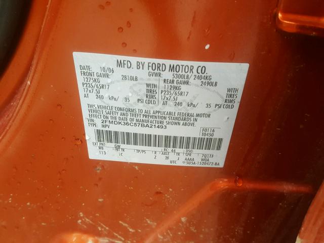 2FMDK36C57BA21493 - 2007 FORD EDGE SE ORANGE photo 10