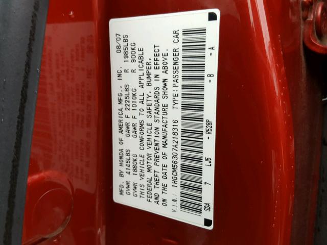 1HGCM56307A218316 - 2007 HONDA ACCORD SE RED photo 10