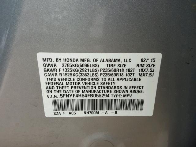 5FNYF4H54FB055294 - 2015 HONDA PILOT EXL SILVER photo 10