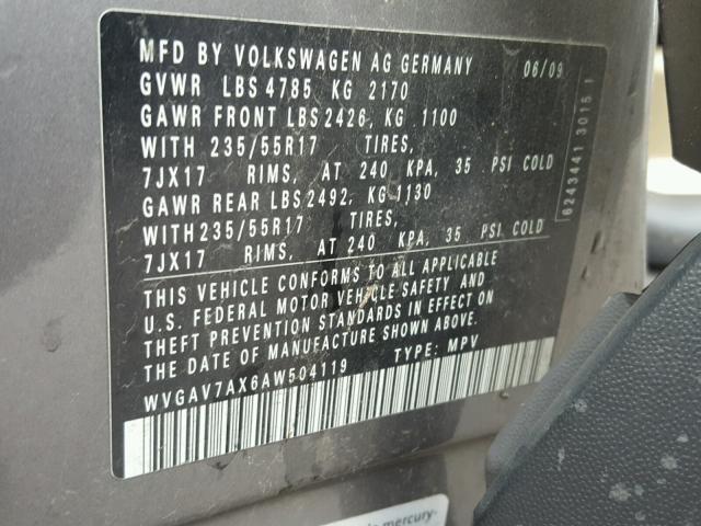 WVGAV7AX6AW504119 - 2010 VOLKSWAGEN TIGUAN S GRAY photo 10