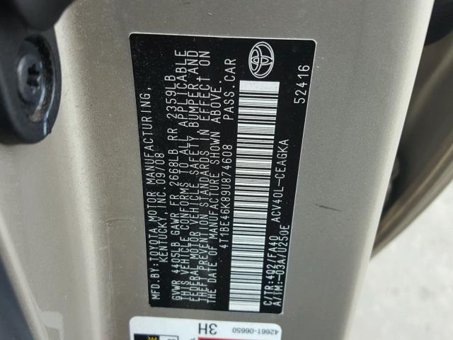 4T1BE46K89U874608 - 2009 TOYOTA CAMRY BASE TAN photo 10