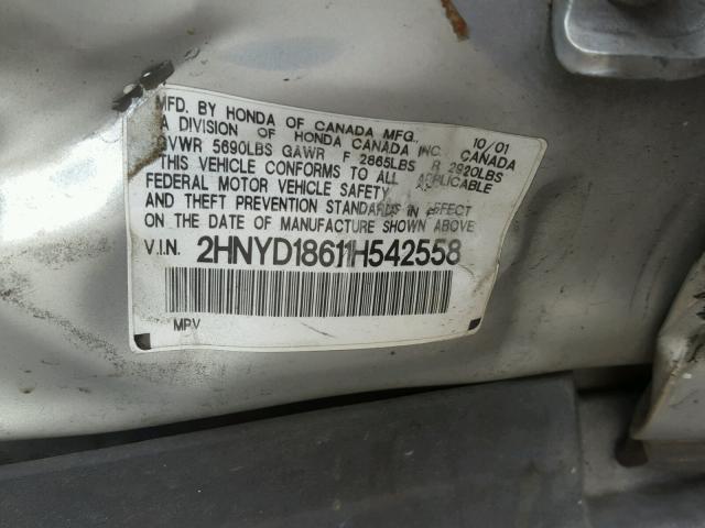 2HNYD18611H542558 - 2001 ACURA MDX TOURIN SILVER photo 10