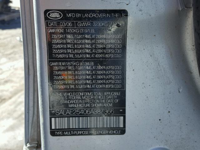 SALAE25406A387366 - 2006 LAND ROVER LR3 SE SILVER photo 10