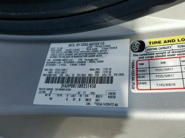 3FAHP08158R251450 - 2008 FORD FUSION SEL SILVER photo 10