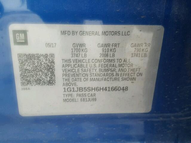 1G1JB5SH6H4166048 - 2017 CHEVROLET SONIC LS BLUE photo 10