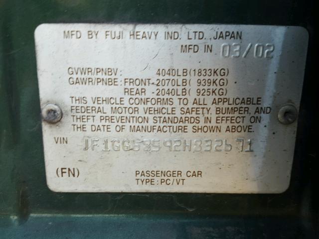 JF1GG68592H832671 - 2002 SUBARU IMPREZA OU GREEN photo 10