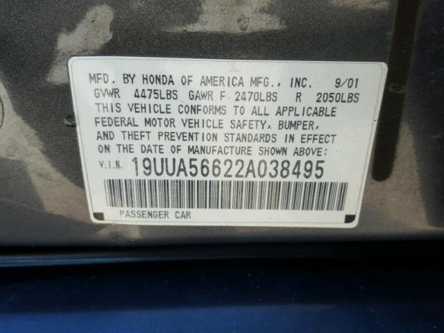 19UUA56622A038495 - 2002 ACURA 3.2TL GRAY photo 10