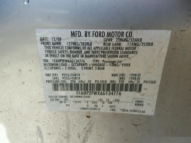 1FAHP2FWXAG134776 - 2010 FORD TAURUS LIM SILVER photo 10