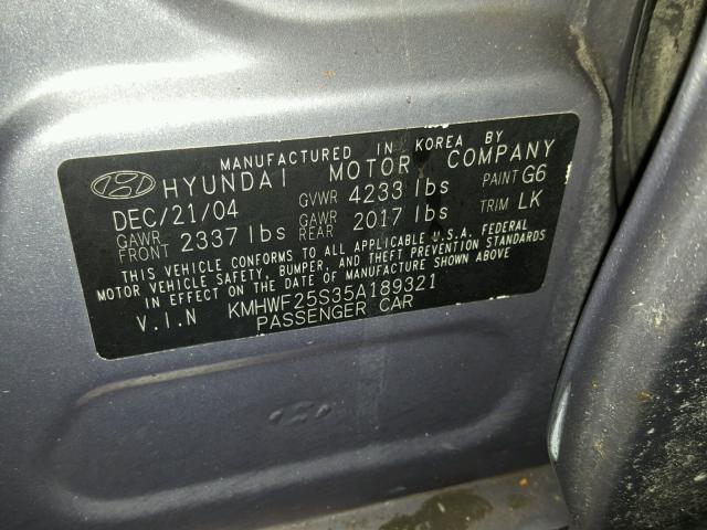 KMHWF25S35A189321 - 2005 HYUNDAI SONATA GL GRAY photo 10