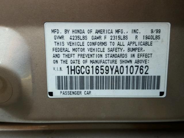 1HGCG1659YA010762 - 2000 HONDA ACCORD EX GOLD photo 10