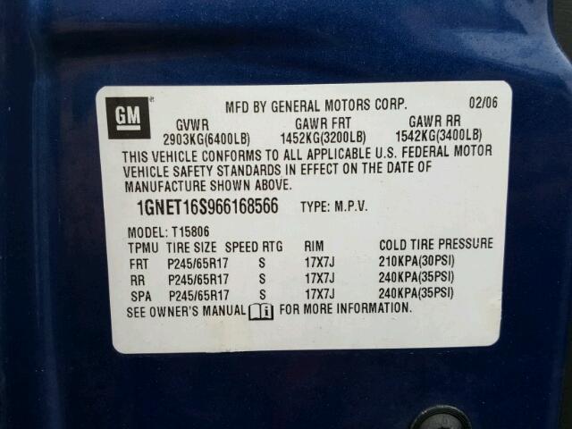 1GNET16S966168566 - 2006 CHEVROLET TRAILBLAZE BLUE photo 10