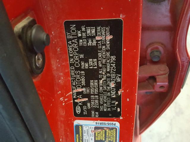 KNDJT2A2XB7254798 - 2011 KIA SOUL RED photo 10